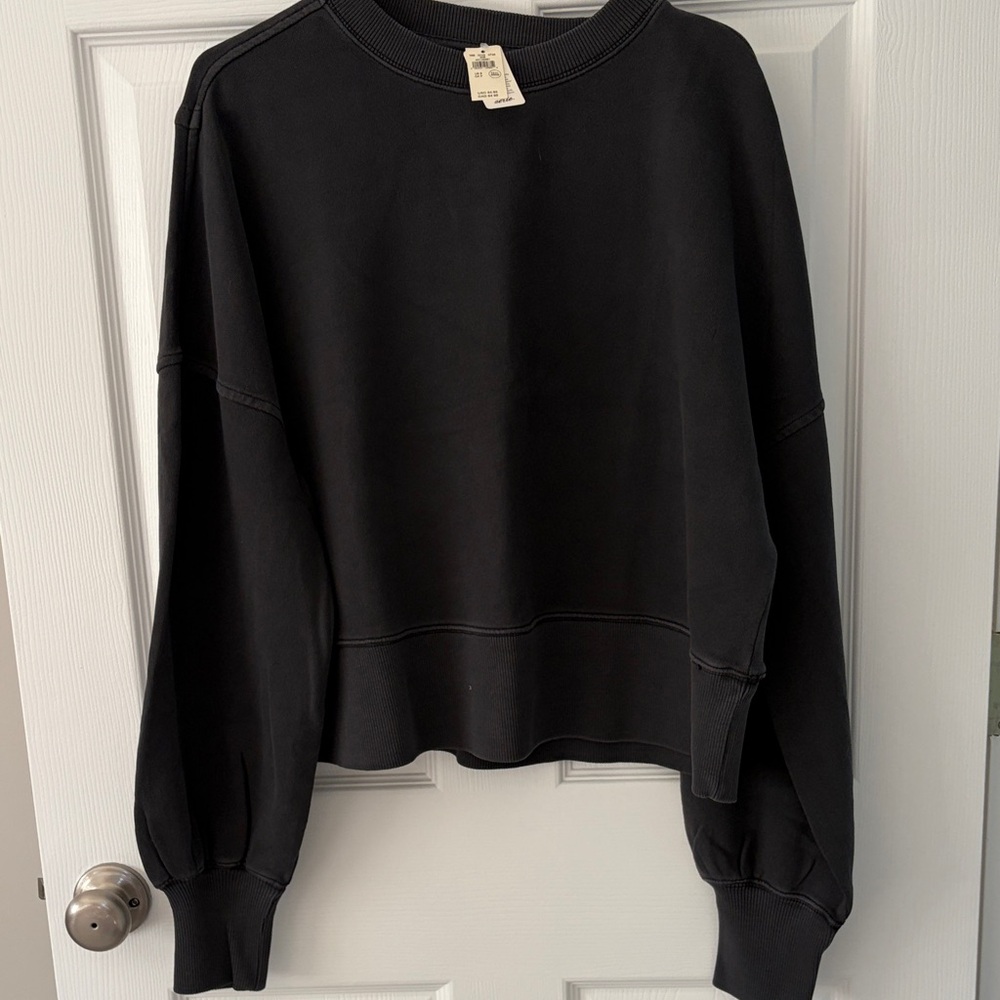 Aerie Black Cropped Crewneck Sweatshirt